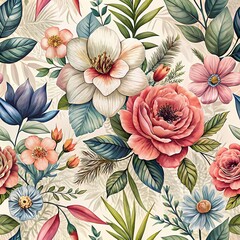 Detailed Watercolor-Style Floral Pattern Seamless Background with a Blend of Vintage and Modern Aesthetics