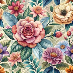Detailed Watercolor-Style Floral Pattern Seamless Background with a Blend of Vintage and Modern Aesthetics