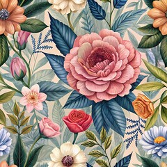 Detailed Watercolor-Style Floral Pattern Seamless Background with a Blend of Vintage and Modern Aesthetics