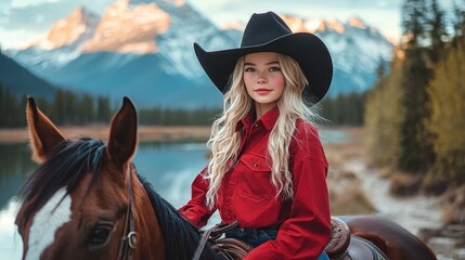 Obraz premium Young cowgirl riding horse in mountainous landscape during golden hour with vibrant foliage