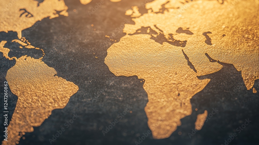 Poster golden earth map design with sharp arrows and piercing light effects