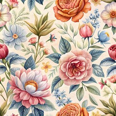 Detailed Watercolor-Style Floral Pattern Seamless Background with a Blend of Vintage and Modern Aesthetics