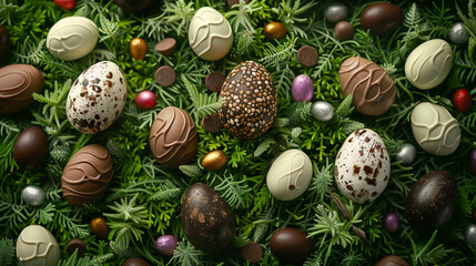 chocolate easter eggs decorations greenery different shapes sizes delicious colors