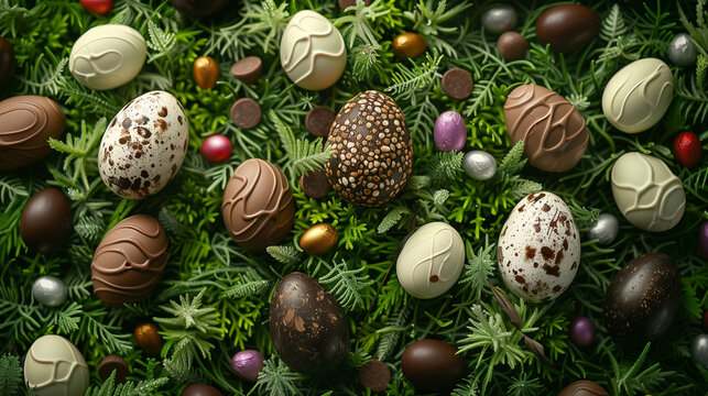 chocolate easter eggs decorations greenery different shapes sizes delicious colors