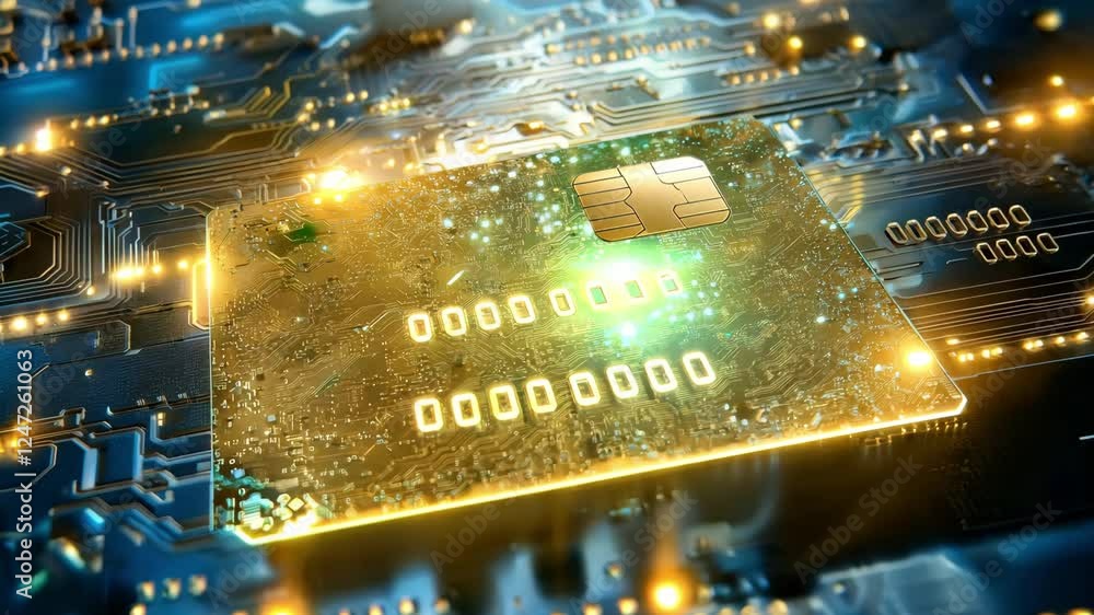 Poster a close up of a digital credit card resting on a circuit board, illuminated by glowing lights and in
