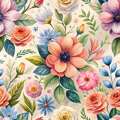 Detailed Watercolor-Style Floral Pattern Seamless Background with a Blend of Vintage and Modern Aesthetics
