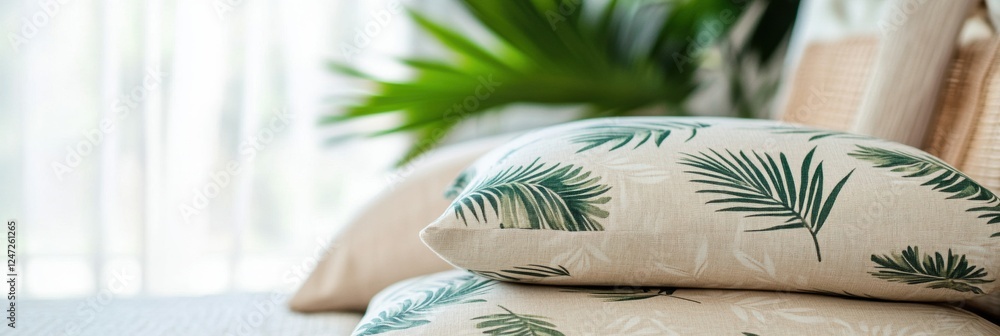 Aufkleber tropical patterned cushions on a light summer fabric sofa in a sunny indoor setting with greenery. g