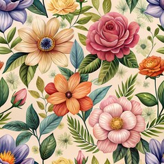 Detailed Watercolor-Style Floral Pattern Seamless Background with a Blend of Vintage and Modern Aesthetics