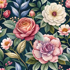 Detailed Watercolor-Style Floral Pattern Seamless Background with a Blend of Vintage and Modern Aesthetics