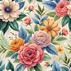 Detailed Watercolor-Style Floral Pattern Seamless Background with a Blend of Vintage and Modern Aesthetics