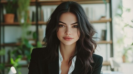 Fototapeta premium Stylish woman with wavy dark hair presenting on a video conference, medium shot, modern coworking space generative ai