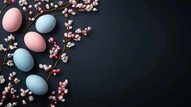 Minimalist Easter egg border in soft pink and blue hues, arranged on a dark charcoal background with elegant lighting