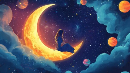 Naklejka premium Woman Sitting on a Crescent Moon in Space