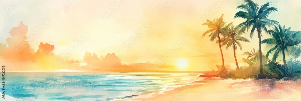Aufkleber beautiful watercolor illustration of a tranquil beach at sunset with palm trees and gentle waves. ge
