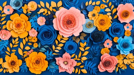 Vibrant Paper Craft Arrangement of Blooming Flowers with Leaves on Dark Blue Background