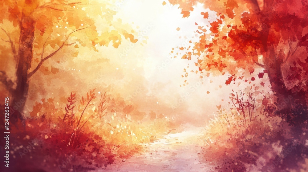 Poster colorful autumn pathway illuminated by soft sunlight in a tranquil forest setting. generative ai