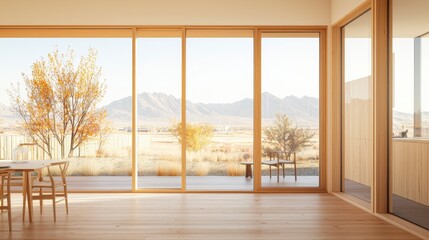 Modern interior featuring large windows with a serene mountain view and autumn trees, creating a warm and inviting atmosphere.