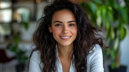 Obraz premium Stylish woman with wavy dark hair presenting on a video conference, medium shot, modern coworking space generative ai