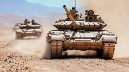 Military Vehicles Advancing Through Rugged Terrain in Desert Environment