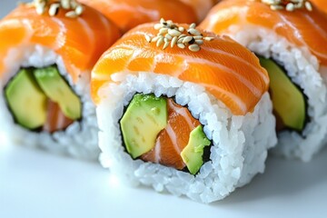 Mouthwatering sushi rolls featuring vibrant salmon and creamy avocado on a clean white background