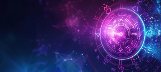 Fototapeta premium Astrology Banner Design Featuring Glowing Zodiac Icons on Cosmic Purple and Blue Background