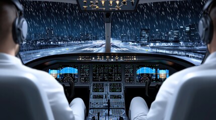 Two pilots flying an airplane during nighttime approach to the runway under rain with city lights and the airport visible outside the cockpit window
