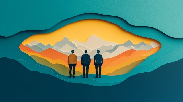 Elegant Paper Cut Style of Three Leaders Observing a Vibrant Mountain Landscape