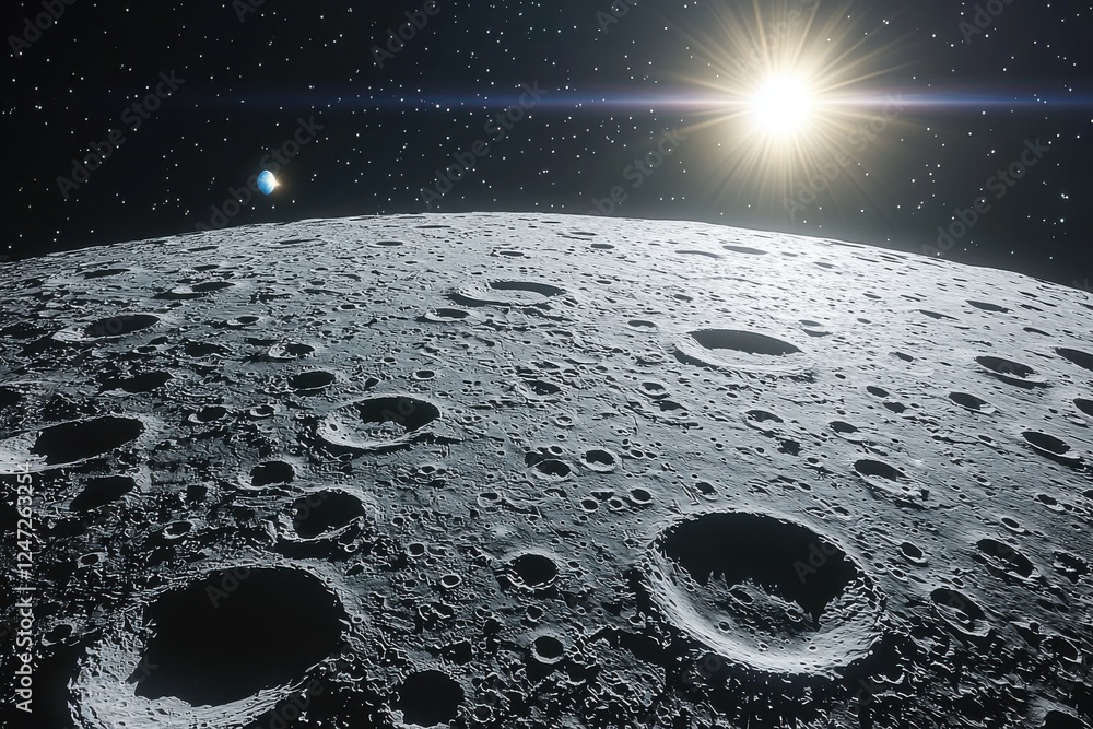 Poster close-up view of moon's surface highlighting intricate craters and textures with earth shining in th