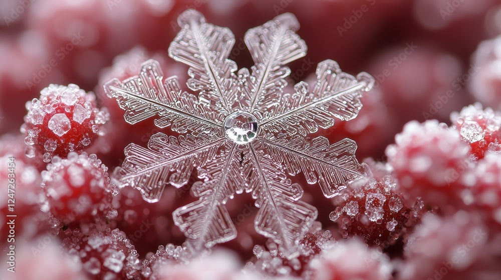 Poster a close-up of a snowflake resting on frosty red berries.
