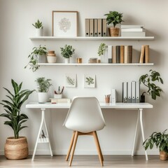 Modern white shelves, plants, workspace, calm interior design