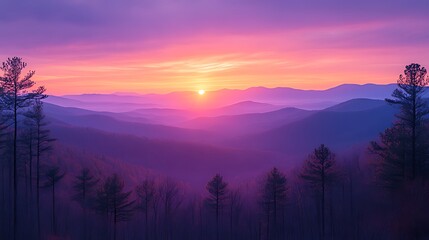 Sunrise over purple mountain range, scenic view, tranquil forest, peaceful dawn, nature background, travel poster