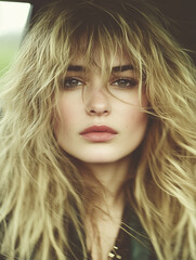 Portret kobiety z długimi blond włosami. Portret naturalny w stylu retro, fotografia analogowa.