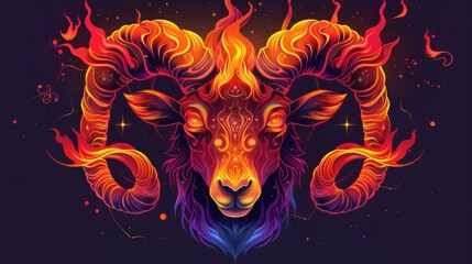 Bold Aries Zodiac Illustration with Fiery Ram and Cosmic Elements for Eye-Catching Design