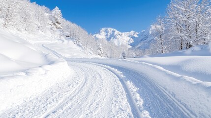 Snowy mountain road, winter landscape, travel, scenic background