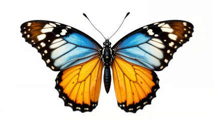 Fototapeta premium Colorful butterfly with striking blue and orange wings resting against a white background