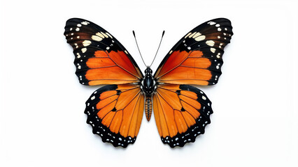Colorful butterfly with striking blue and orange wings resting against a white background