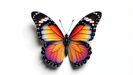 Fototapeta premium Colorful butterfly with striking blue and orange wings resting against a white background