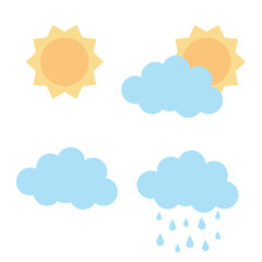 Set of weather elements stickers, sun behind a cloud, drops are dripping from the cloud. Vector illustration