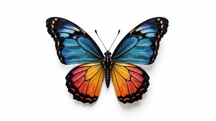 Fototapeta premium Colorful butterfly with striking blue and orange wings resting against a white background