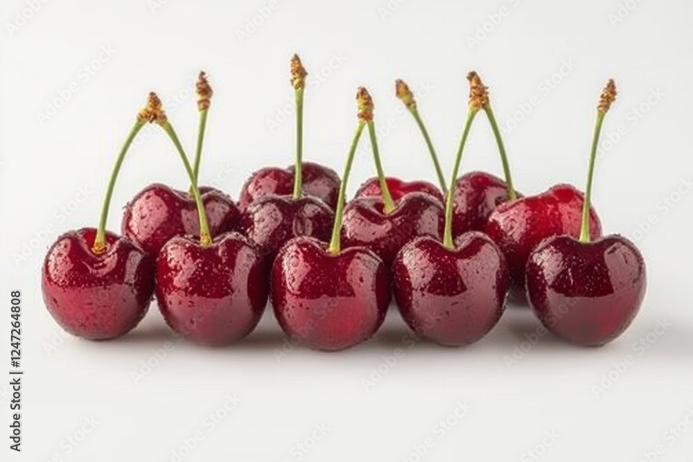 Poster cluster of shiny red cherries with fresh stems arranged on a clean white background inviting a sense