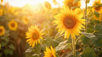 Obraz premium Golden Hour in Sunflower Field: Pathway Through Nature's Radiant Bloom for Poster or Print Design