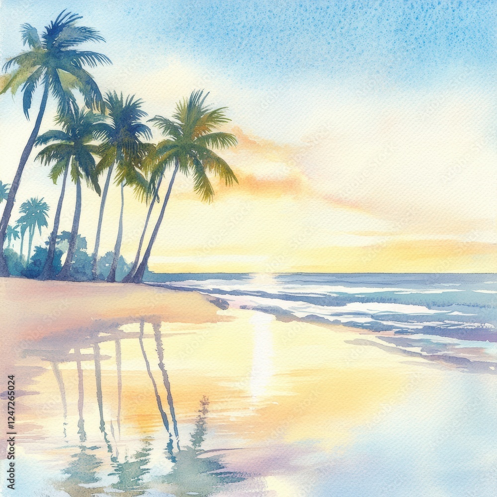 Poster sunset over tranquil beach with palm trees reflecting on gentle waves in watercolor illustration. ge