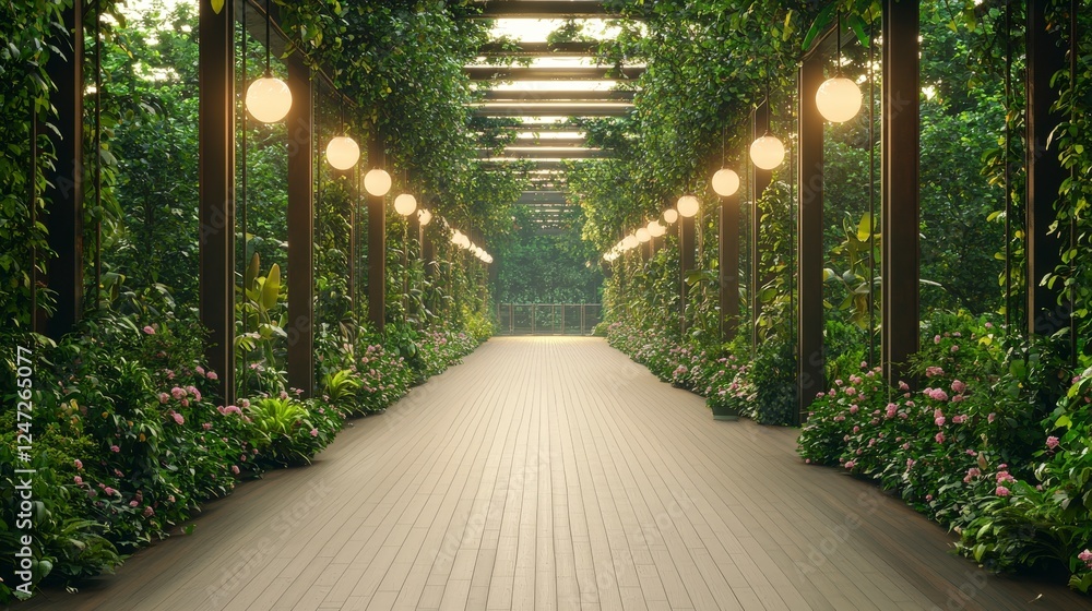 Poster lush garden pathway illuminated by warm lights, surrounded by greenery, creating a serene and inviti