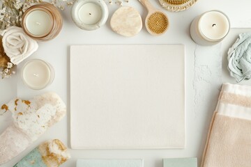 Conjunto de itens de spa com toalhas, velas e elementos decorativos em tons neutros, capturados com luz natural suave, criado com IA generativa.