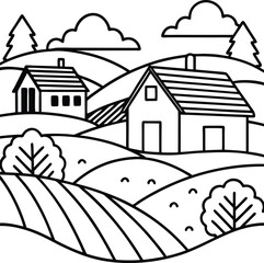 Simple Line Drawing of a Peaceful Rural Landscape with Farmhouses