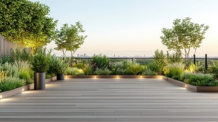 A serene outdoor terrace featuring wooden decking, lush greenery, and ambient lighting, perfect for relaxation or gatherings.