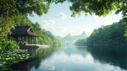 Obraz premium Serene landscape featuring a calm river, lush greenery, and a quaint hut, surrounded by mountains and sunlight.