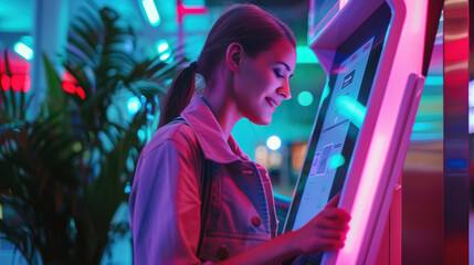 Businesswoman Using QR Code for Contactless Payment at Modern Self-Service Kiosk