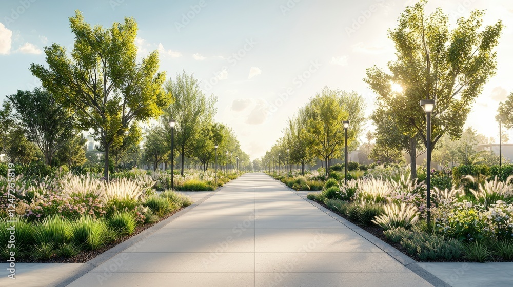 Poster a serene pathway lined with trees and flowers, illuminated by soft sunlight, creating a tranquil out