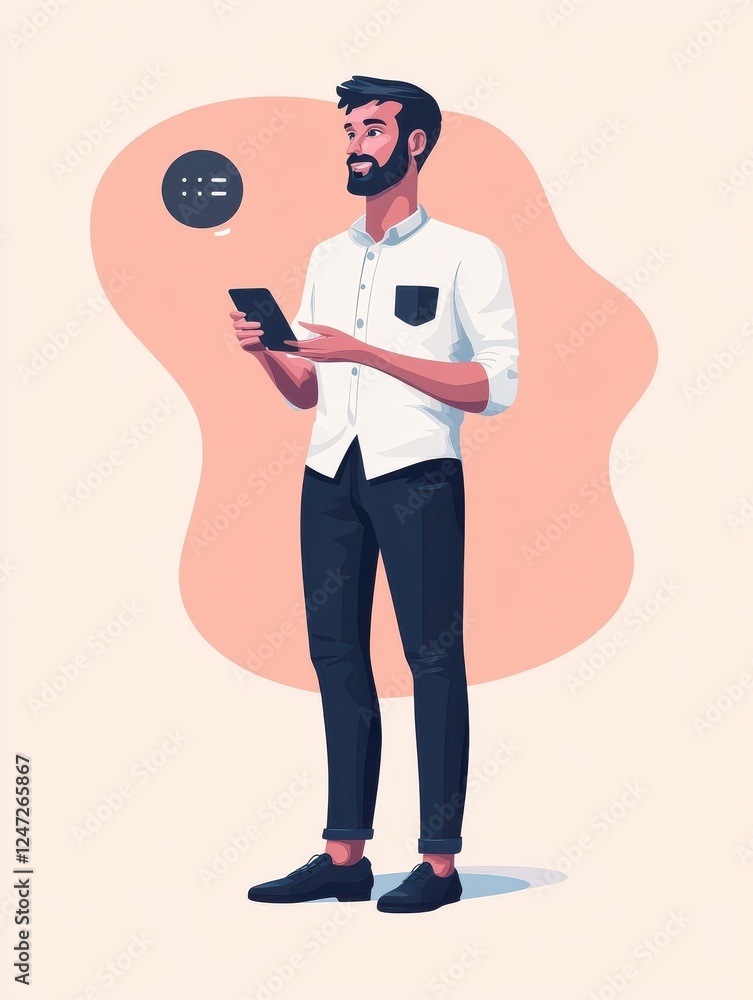 Poster businessman communicates with chatbot with voice commands. voice controlled chatbot, talking virtual